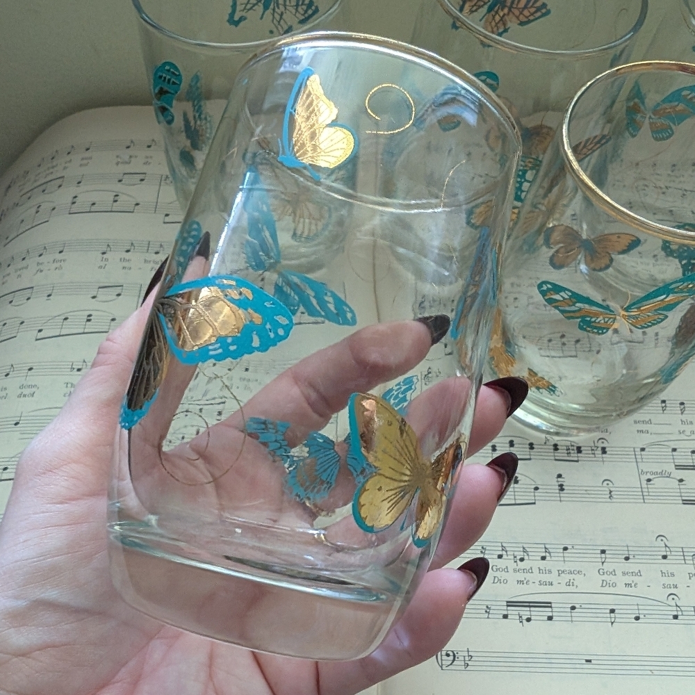 Butterfly Glass Tumbler with Gold Accents Set Of 5 Glasses - Picture 4 of 8